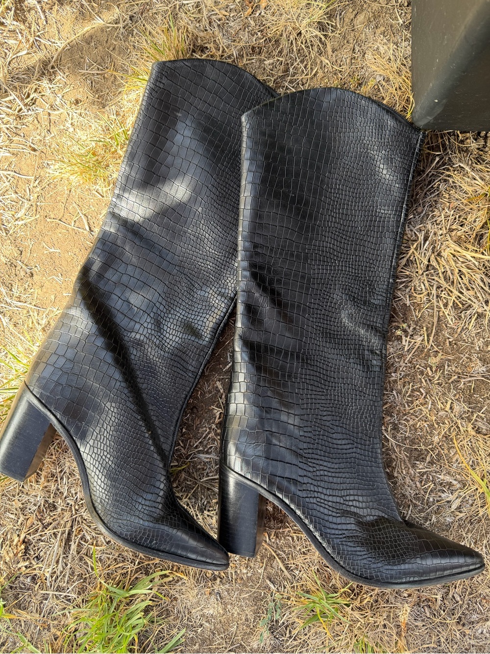 SCHUTZ Black Croc-Embossed Over-The-Knee Block Heel Boots